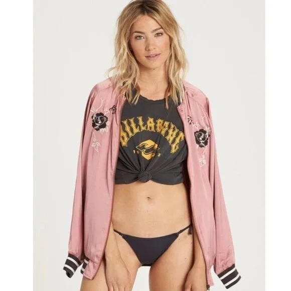 LIMITED Edition Pink Satin Embroidered Floral Billabong Jacket  Size Medium - Picture 5 of 15